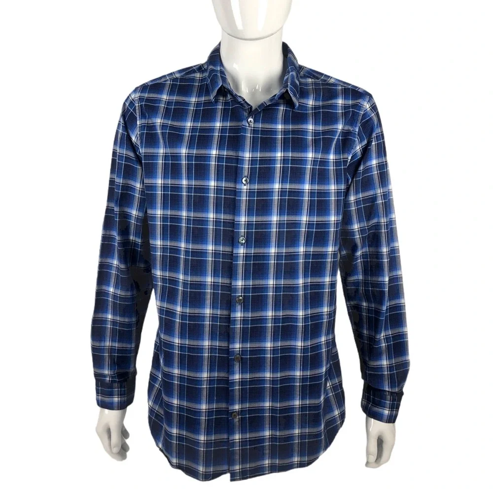 VINCE Mens Shirt XL Blue Plaid Button Front 100% Cotton Long Sleeve EUC